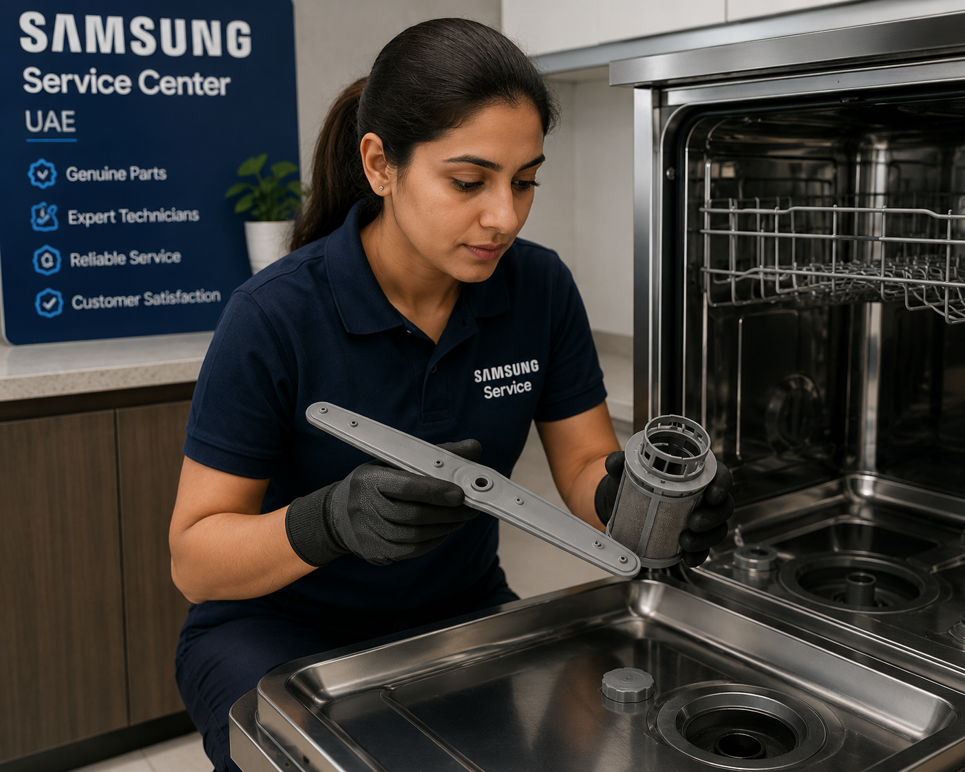 Samsung Service Center technician inspecting a Samsung dishwasher spray arm and filter in the UAE