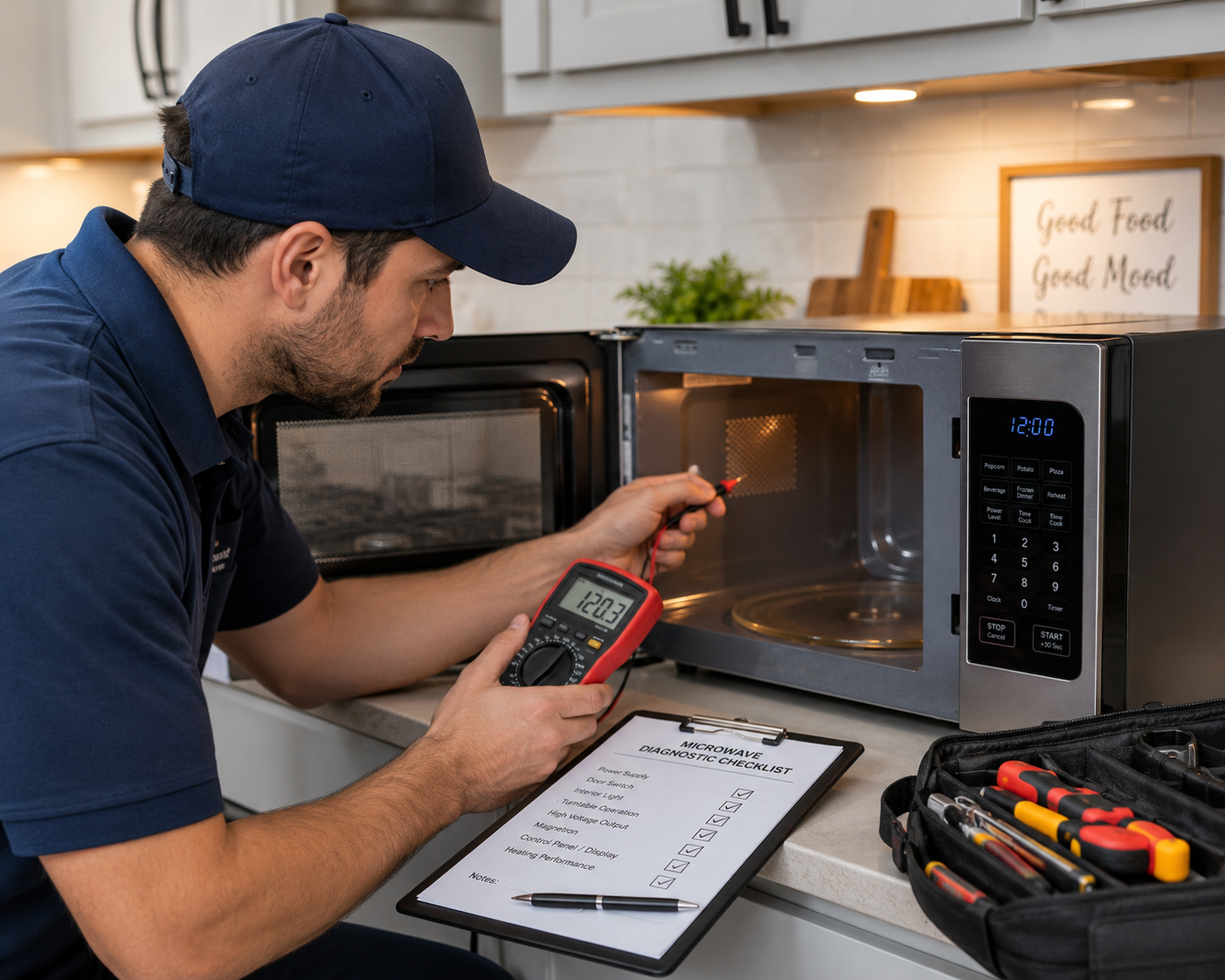 Samsung Service Center technician testing a repaired Samsung microwave before handover