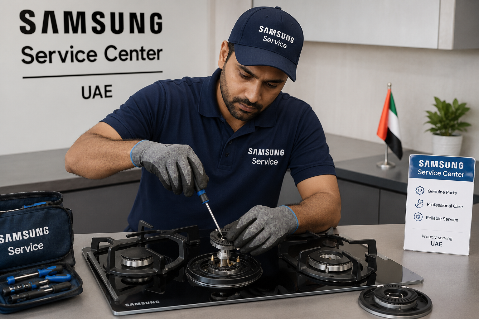 Samsung Service Center technician repairing a Samsung gas cooktop burner in the UAE