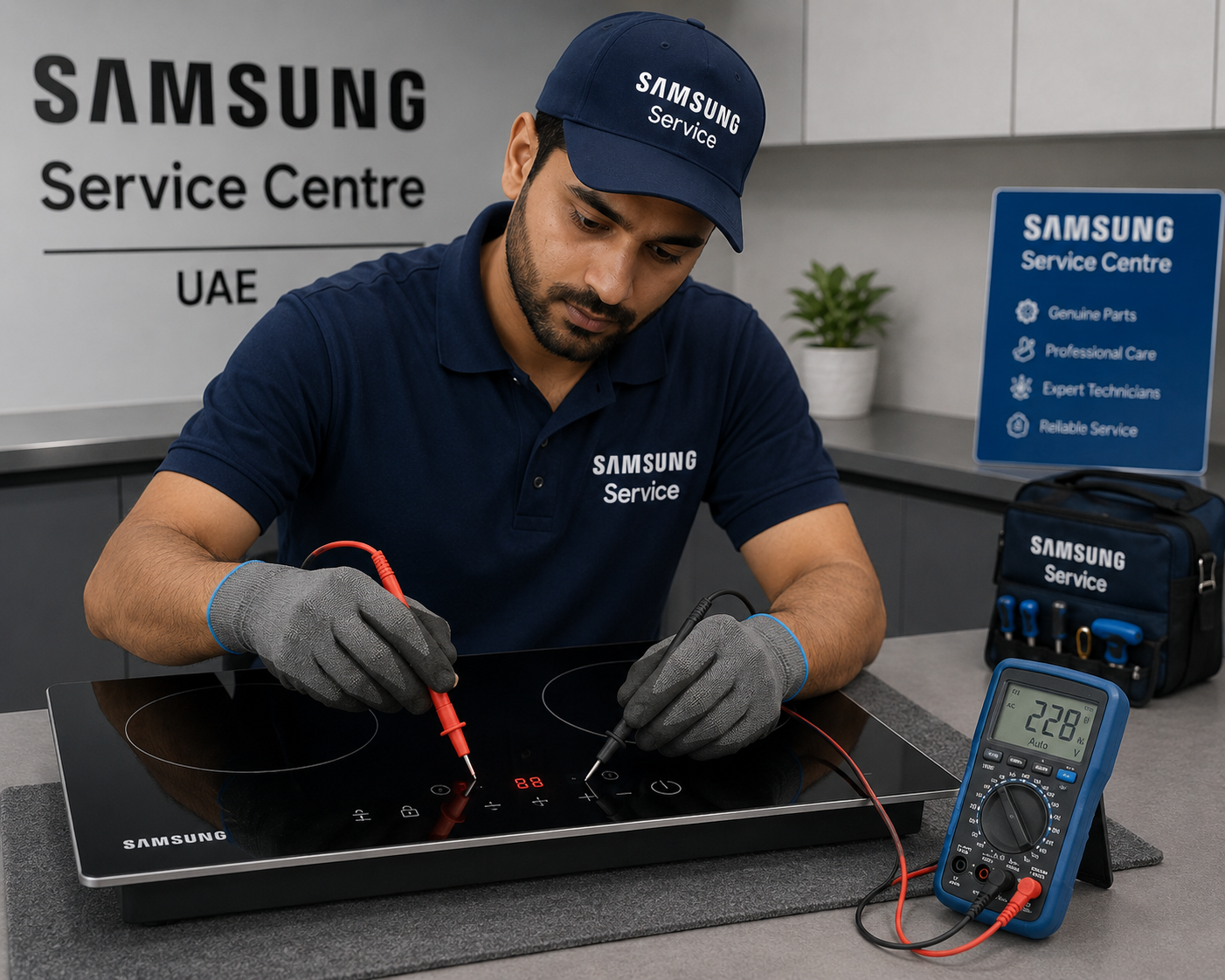 Samsung Service Centre engineer testing a Samsung induction hob control panel