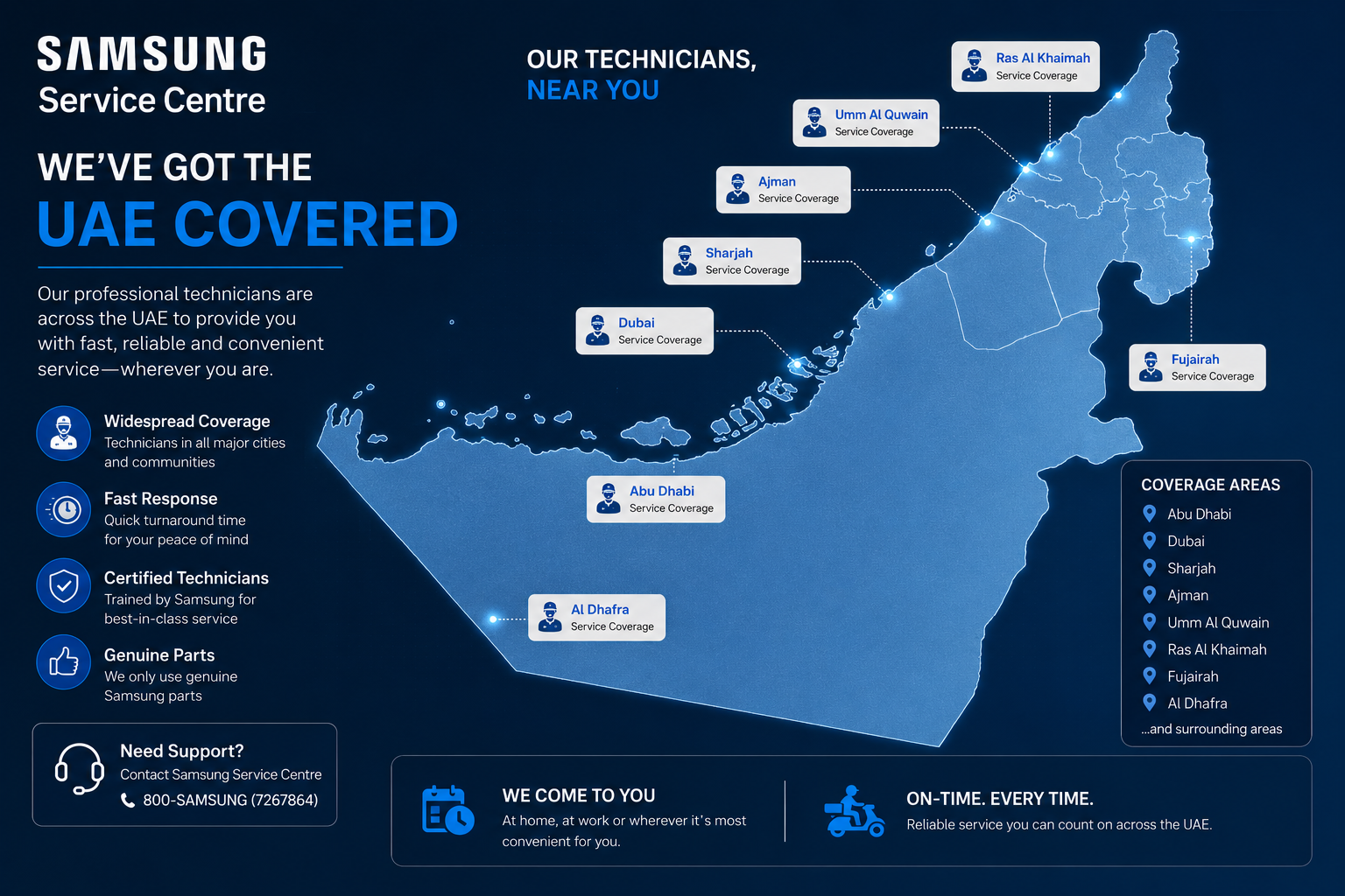 Samsung Service Centre coverage map across Dubai, Abu Dhabi, Sharjah and all UAE emirates