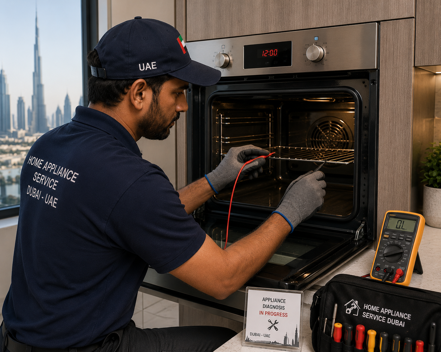 Samsung Service Center technician diagnosing a Samsung oven in Dubai