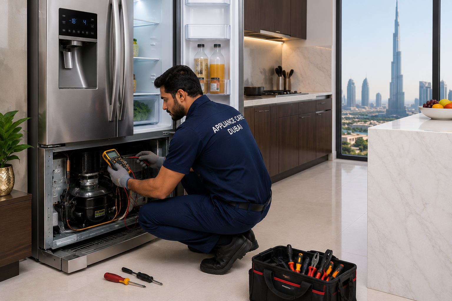 Samsung Service Center technician diagnosing a Samsung refrigerator in Dubai