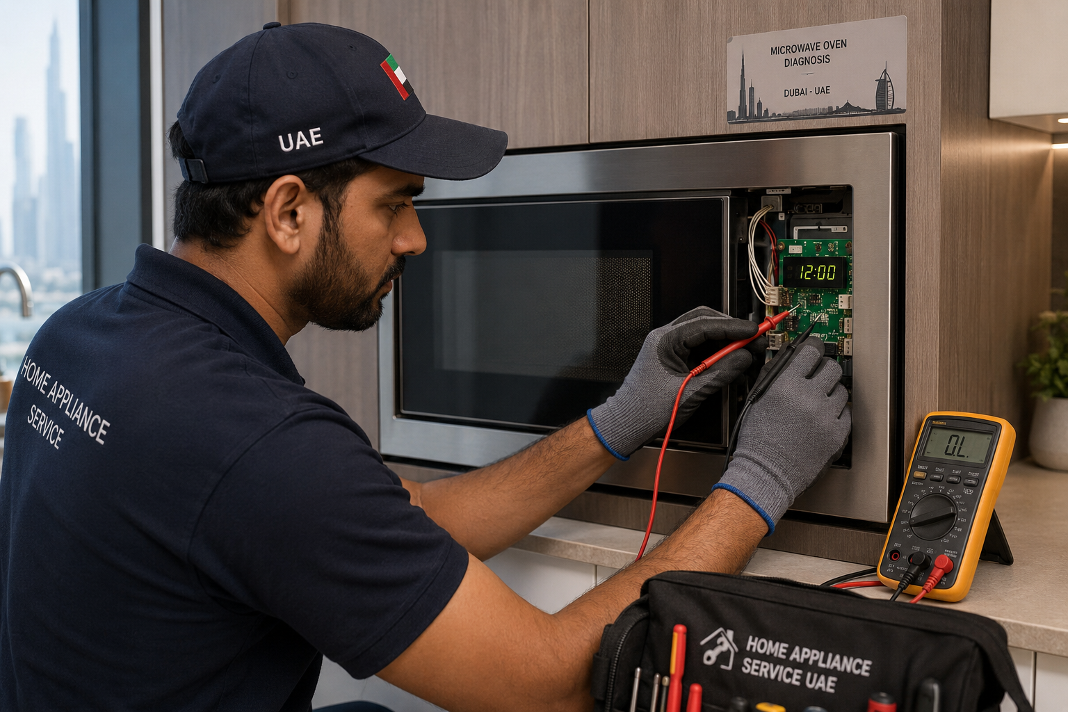 Samsung Service Center technician diagnosing a Samsung microwave control panel in the UAE