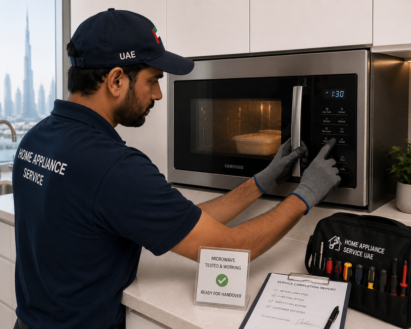 Samsung Service Center technician performing a diagnostic check on a Samsung microwave