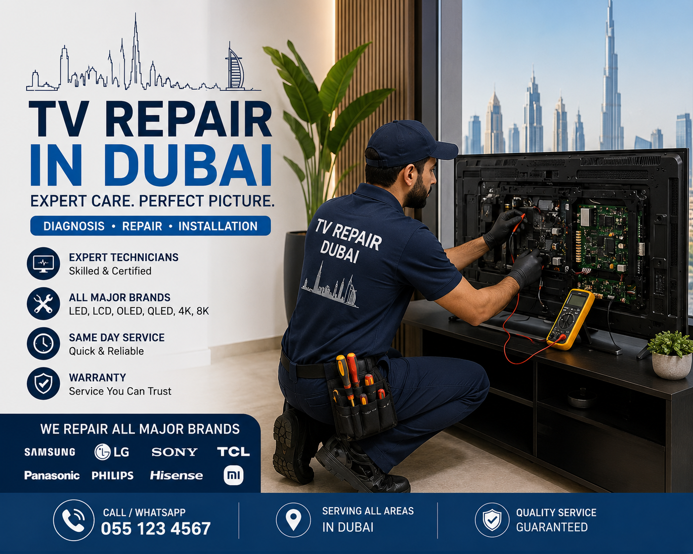 Samsung Service Center technician diagnosing a Samsung TV in Dubai